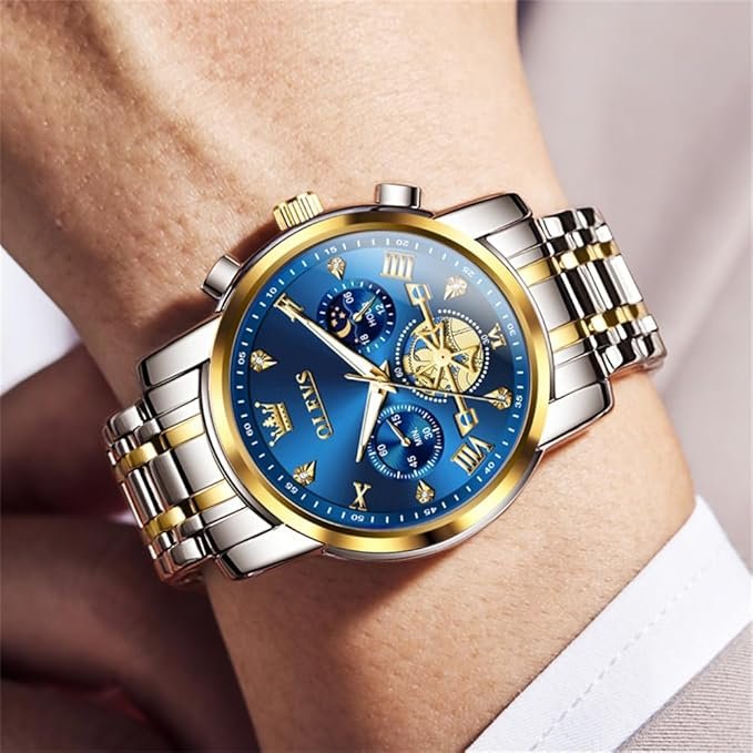OLEVS Mens Chronograph Watch Gold Silver Stainless Steel Chain Quartz Wrist Watches Business Dress Waterproof Luminous Date Watch - Image 3