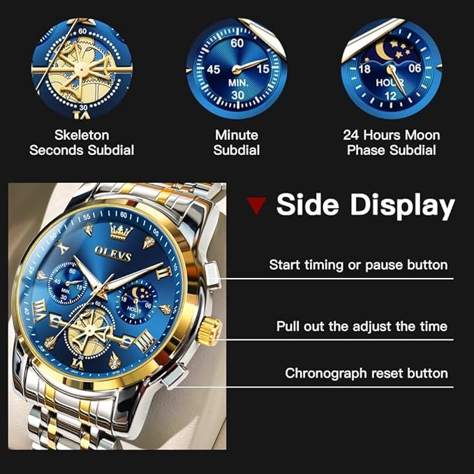 OLEVS Mens Chronograph Watch Gold Silver Stainless Steel Chain Quartz Wrist Watches Business Dress Waterproof Luminous Date Watch - Image 7