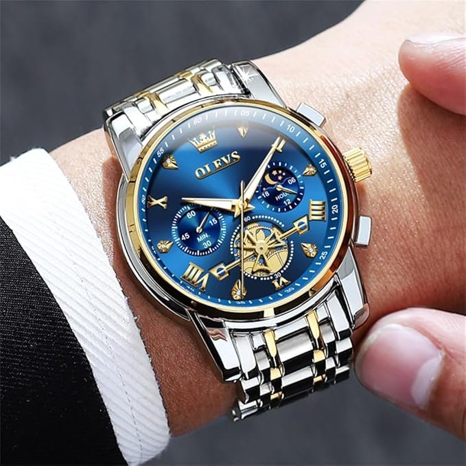 OLEVS Mens Chronograph Watch Gold Silver Stainless Steel Chain Quartz Wrist Watches Business Dress Waterproof Luminous Date Watch - Image 5