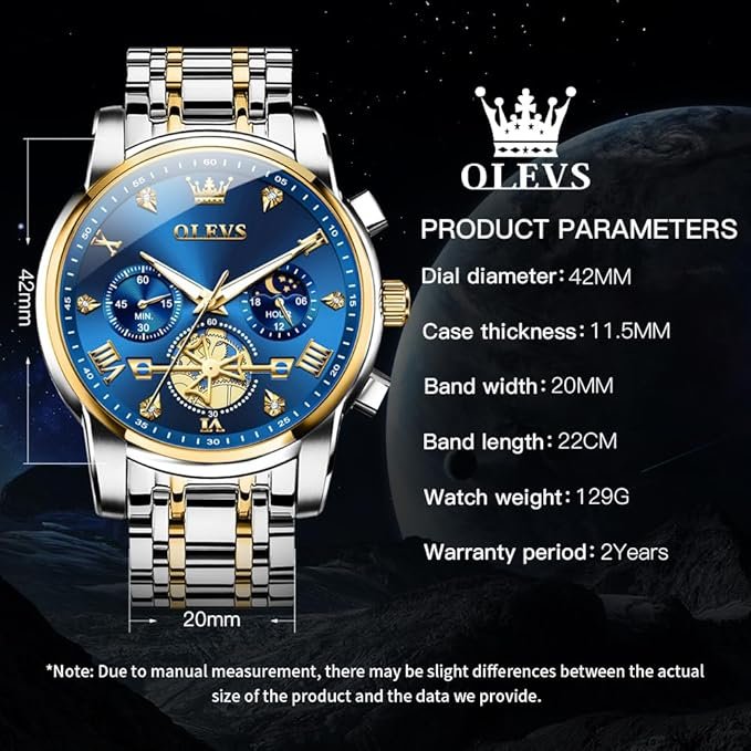 OLEVS Mens Chronograph Watch Gold Silver Stainless Steel Chain Quartz Wrist Watches Business Dress Waterproof Luminous Date Watch - Image 4