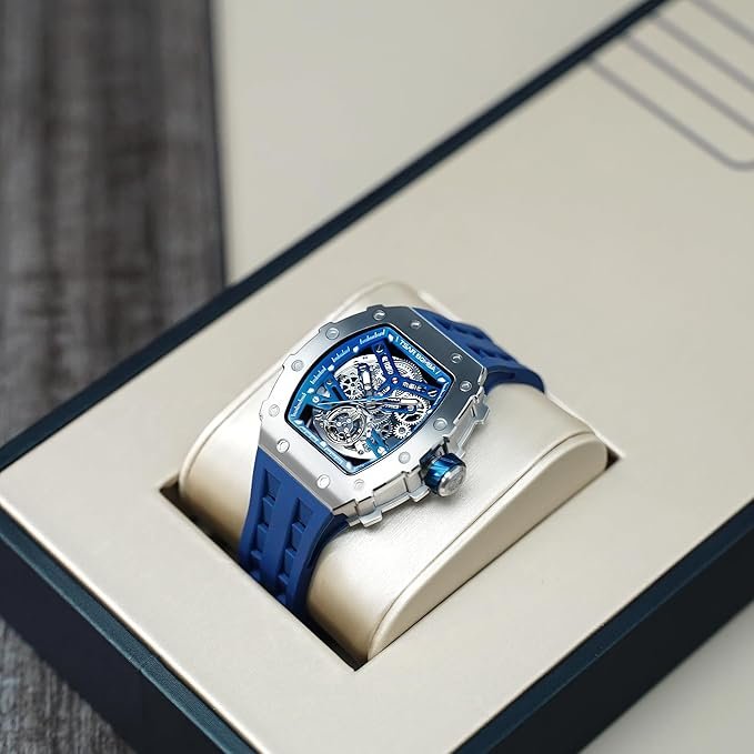 TSAR BOMBA Men's Automatic Watch Tonneau Luxury Skeleton Watches for Men Mechanical 50M Waterproof Analogue Watches Mens Unique Cool Silver Square Big Face Dial Wristwatch with Silicone Strap Band - Image 4