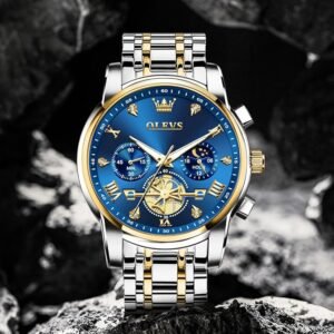 OLEVS Mens Chronograph Watch Gold Silver Stainless Steel Chain Quartz Wrist Watches Business Dress Waterproof Luminous Date Watch