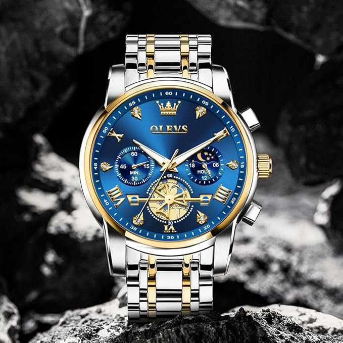 OLEVS Mens Chronograph Watch Gold Silver Stainless Steel Chain Quartz Wrist Watches Business Dress Waterproof Luminous Date Watch