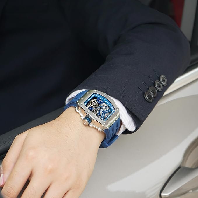 TSAR BOMBA Men's Automatic Watch Tonneau Luxury Skeleton Watches for Men Mechanical 50M Waterproof Analogue Watches Mens Unique Cool Silver Square Big Face Dial Wristwatch with Silicone Strap Band - Image 3