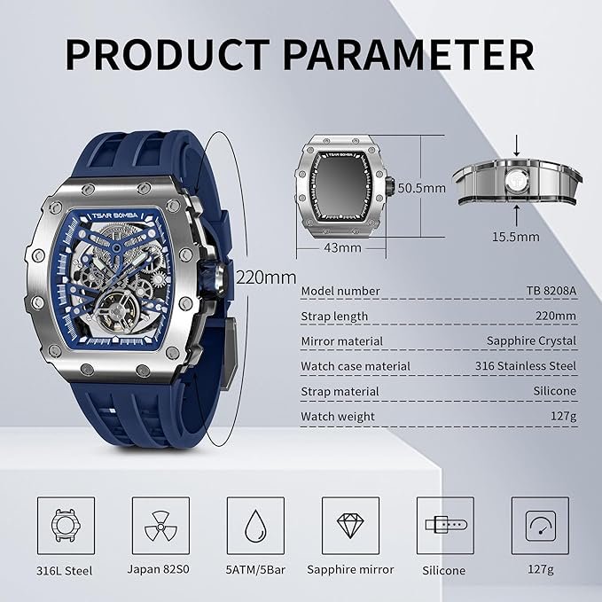TSAR BOMBA Men's Automatic Watch Tonneau Luxury Skeleton Watches for Men Mechanical 50M Waterproof Analogue Watches Mens Unique Cool Silver Square Big Face Dial Wristwatch with Silicone Strap Band - Image 2
