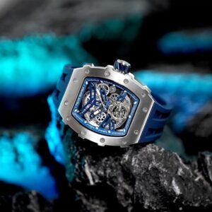 TSAR BOMBA Men's Automatic Watch Tonneau Luxury Skeleton Watches for Men Mechanical 50M Waterproof Analogue Watches Mens Unique Cool Silver Square Big Face Dial Wristwatch with Silicone Strap Band