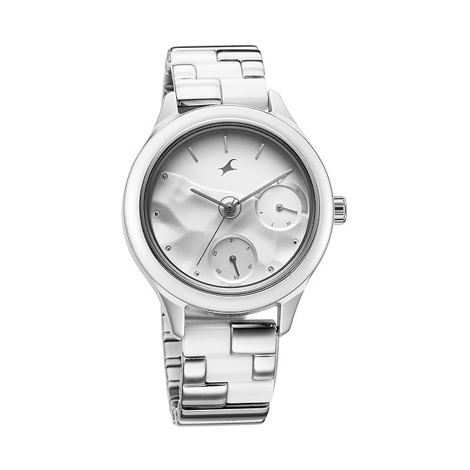 Fastrack Cerame Quartz Multifunction Silver Dial Silver Steel & Ceramic Strap Watch for Girls - 6294KD02 - Image 2