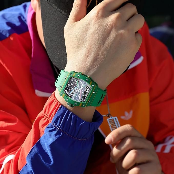 FEICE Men's Vintage Automatic Mechanical Watch | Skeleton Waterproof Watch | Silicone Strap | Sport Luminous Analog | Unique Business Wristwatch for Men | Green FM603 - Image 6