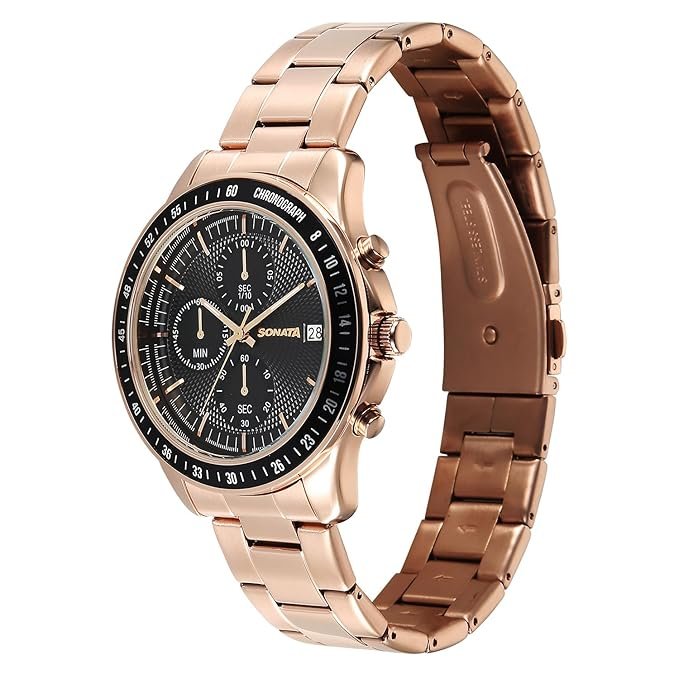 Sonata Chronos Quartz Black Round Dial Men's Watch | Stainless Steel Strap Material | Watches for Men Analog - 77187KM05 - Image 3