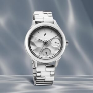 Fastrack Cerame Quartz Multifunction Silver Dial Silver Steel & Ceramic Strap Watch for Girls - 6294KD02
