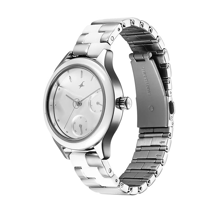 Fastrack Cerame Quartz Multifunction Silver Dial Silver Steel & Ceramic Strap Watch for Girls - 6294KD02 - Image 3
