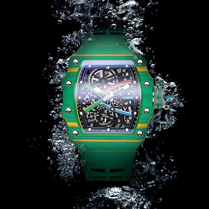 FEICE Men's Vintage Automatic Mechanical Watch | Skeleton Waterproof Watch | Silicone Strap | Sport Luminous Analog | Unique Business Wristwatch for Men | Green FM603 - Image 4
