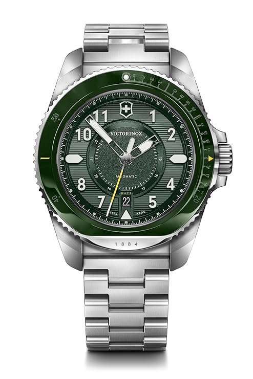 Victorinox Stainless Steel Journey 1884, Automatic Swiss Made Men's Analog Watch, Green Dial, 43 Mm, Water Resistant Up To 200 M, Sellita Sw 200-1 Movement, Wrist Watch For Men | 242015,Silver Band