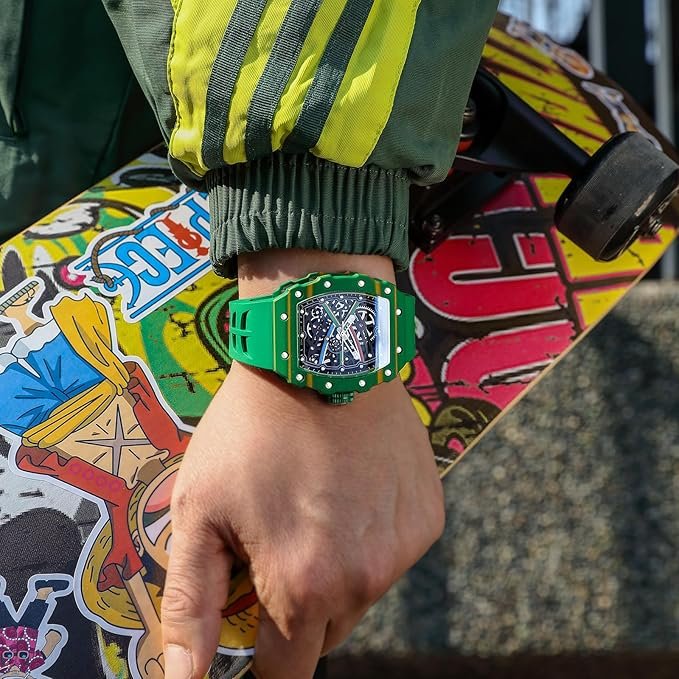 FEICE Men's Vintage Automatic Mechanical Watch | Skeleton Waterproof Watch | Silicone Strap | Sport Luminous Analog | Unique Business Wristwatch for Men | Green FM603 - Image 7