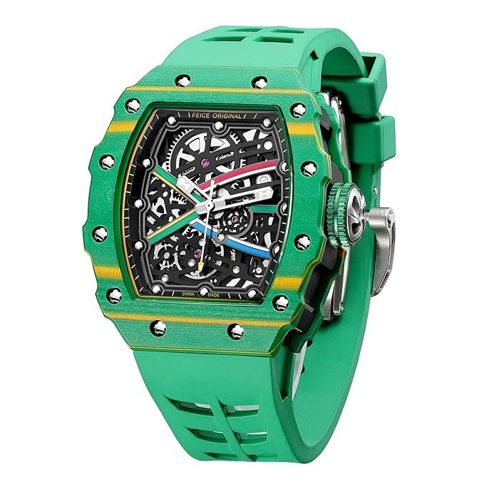 FEICE Men's Vintage Automatic Mechanical Watch | Skeleton Waterproof Watch | Silicone Strap | Sport Luminous Analog | Unique Business Wristwatch for Men | Green FM603
