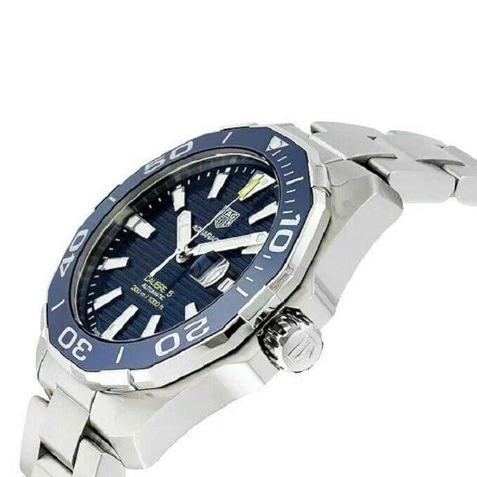 TAG Heuer Men's Aquaracer WAY201B.BA0927 Watch, Blue Dial, Yellow Stainless Steel Bracelet Analog Watch, 43mm, 300M Water Resistant, Swiss Automatic Movement, Silver Strap - Image 3