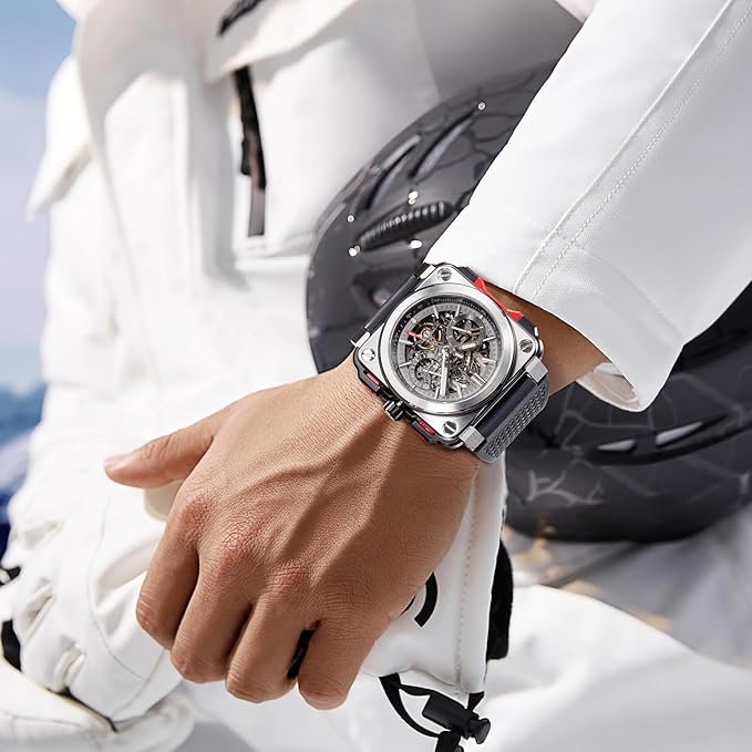 FEICE FM507 Men's Automatic Skeleton Black Analog-Digital Watch Mechanical Calendar Mens Black Wristwatch Square Sport Luminous Clock Watches 10ATM Waterproof Watches, Sport - Image 4