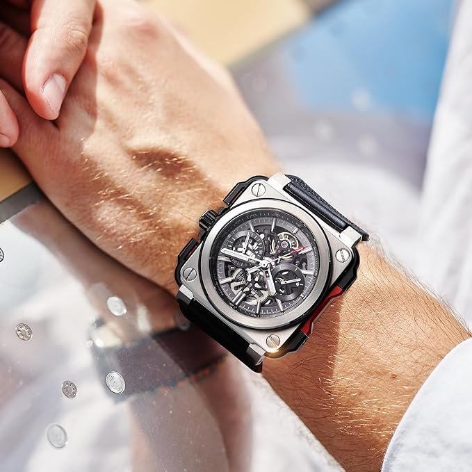 FEICE FM507 Men's Automatic Skeleton Black Analog-Digital Watch Mechanical Calendar Mens Black Wristwatch Square Sport Luminous Clock Watches 10ATM Waterproof Watches, Sport - Image 5