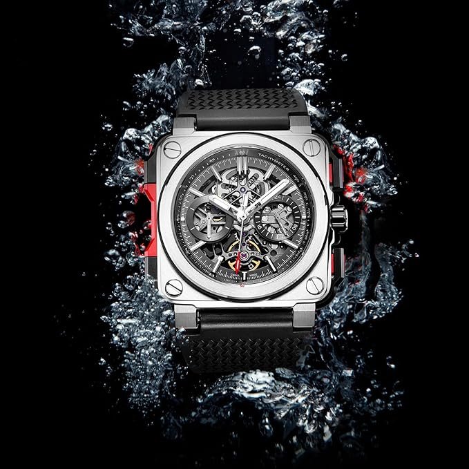 FEICE FM507 Men's Automatic Skeleton Black Analog-Digital Watch Mechanical Calendar Mens Black Wristwatch Square Sport Luminous Clock Watches 10ATM Waterproof Watches, Sport - Image 3