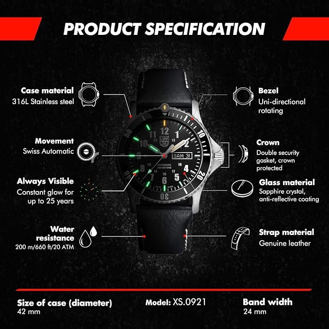 Luminox Leather Sea Day-Date Analog Dial Color Black Men Watch - Xs.0921, Black Band - Image 4