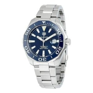 TAG Heuer Men's Aquaracer WAY201B.BA0927 Watch, Blue Dial, Yellow Stainless Steel Bracelet Analog Watch, 43mm, 300M Water Resistant, Swiss Automatic Movement, Silver Strap