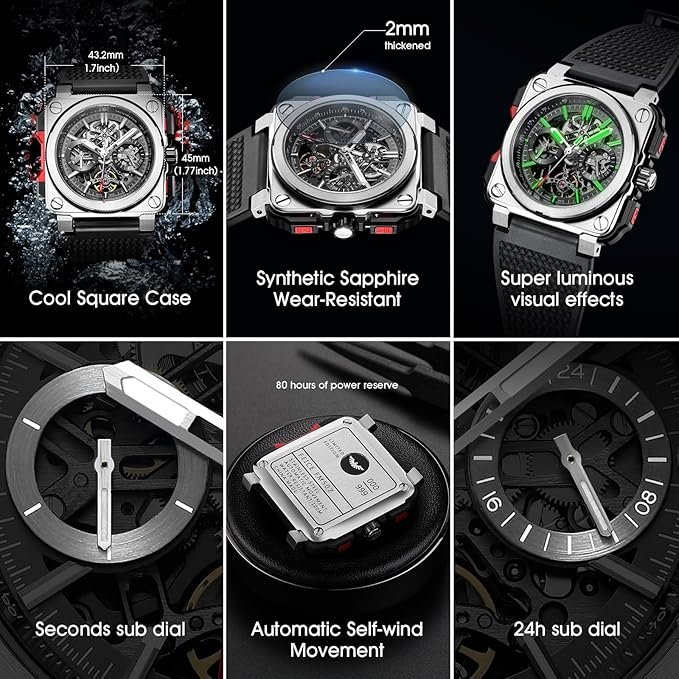FEICE FM507 Men's Automatic Skeleton Black Analog-Digital Watch Mechanical Calendar Mens Black Wristwatch Square Sport Luminous Clock Watches 10ATM Waterproof Watches, Sport - Image 6